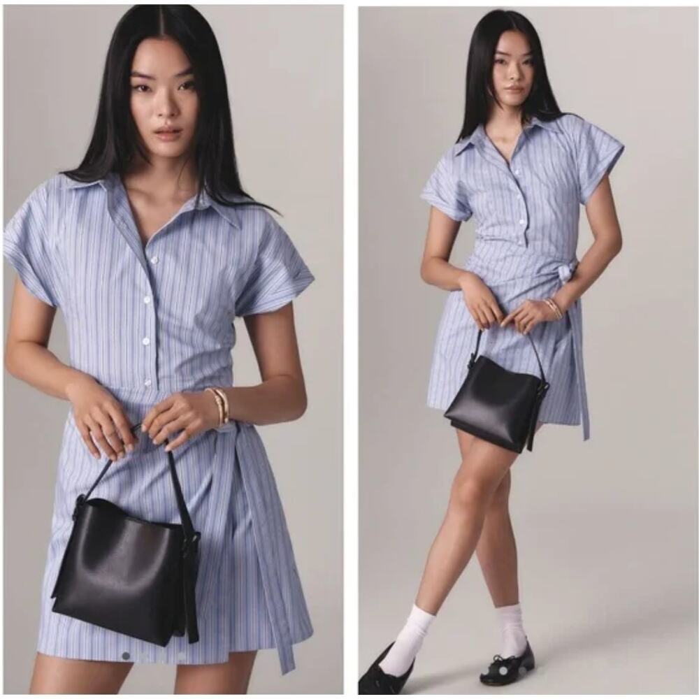 NEW Anthropologie Maeve Wrap Mini Shirt‎ Dress Medium Blue Stripe